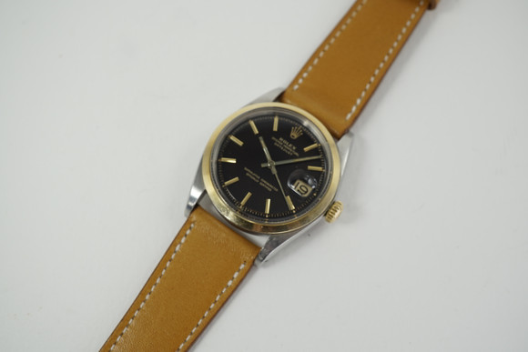 Rolex 1600 Datejust stainless steel & 14k yellow gold w/ black gilt dial c. 1967 pre owned for sale houston fabsuisse