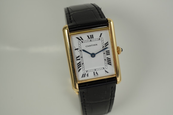 Cartier Tank 18k yellow gold w/ deployment & original box c. 2000's quartz pre owned modern watch for sale houston fabsuisse