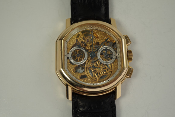 Daniel Roth Skeletonized Chronograph mint dates 1990's 18k yellow gold mint condition modern pre owned for sale houston fabsuisse