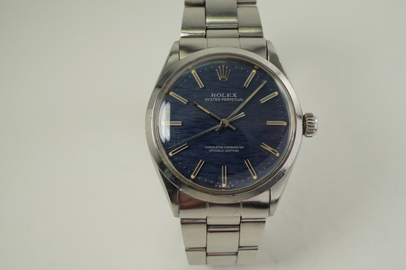 Rolex 1002 Oyster Perpetual stainless steel blue mosaic dial dates 1970 vintage pre owned for sale houston fabsuisse