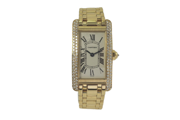 Cartier 1710 Tank Americaine 18k yellow gold ladies w/ factory diamonds c. 2000's modern pre owned for sale houston fabsuisse