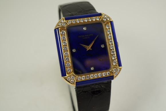 Patek Philippe 4323 Rectangle 18k yellow gold lapis and diamonds w/ extract dates 1976 vintage pre owned for sale houston fabsuisse