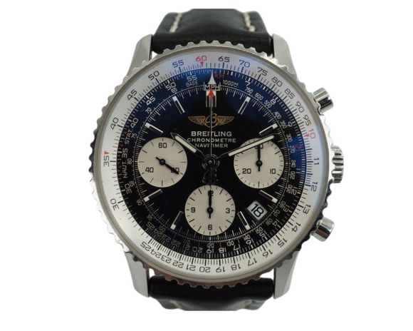 BRAND:                            Breitling 
MODEL:                            Navitimer  
CASE MATERIAL:            Stainless steel
CASE MEASURES:          41 x 48 mm
MOVEMENT:                     Automatic
FUNCTIONS:                    Chronograph and date 
CONDITION:                     Excellent
See it in our eBay store.
A modern preowned Breitling Navitimer in stainless steel, crafted circa 2010. Commands a bold presence on the wearer’s wrist, with its large 41 mm case and black and white chronograph dial, the blue antireflective film catching the light at times. Modeled on size 6 inch wrist. 

Breitling books, certificates and slide rule.
Original dial, hands and crown.
Case measures 41 x 48 mm, 9mm thick.
Breitling cal. 7753-24 automatic winding.
Serial# 2242xxx
Sapphire crystal.
Breitling black leather strap (% condition)with deployment buckle .
Breitling black leather strap with buckle, unworn.
22 mm lug width.