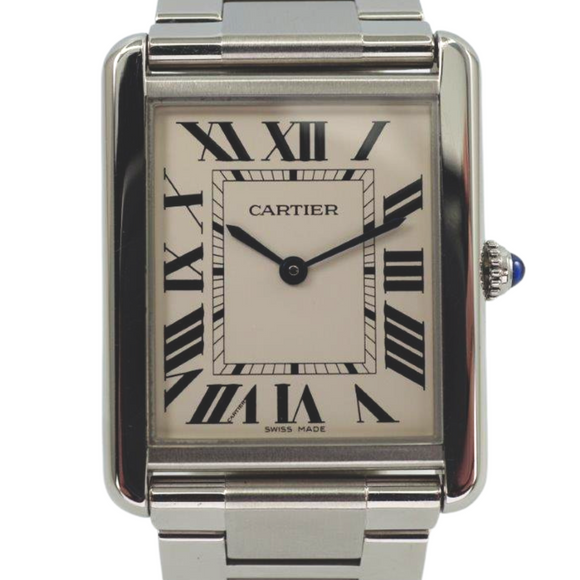 A very nice preowned Cartier Tank Solo reference 3169 in stainless steel, crafted circa 2015. Iterations currently offered in Cartier’s line of offerings, features the standard silvered grained dial with black Roman numerals and chemin de fer, blued steel sword shape hands, and blue spinel cabochon. Can be worn with its steel bracelet for everyday wear, or alternate for the taupe leather strap for a more casual feel. Suitable for men or women.

Minimal scratches.
Original dial, hands and crown. 
Case measures 27.5 x 34.5mm, 5.5mm thick.
Cartier quartz movement.
Sapphire crystal.
Serial# 9110xxxX
Cartier steel bracelet, measures 6 1/4 inches.
Premium non-Cartier taupe leather strap.
20 mm lug width. 
Modeled on a 6 inch wrist.