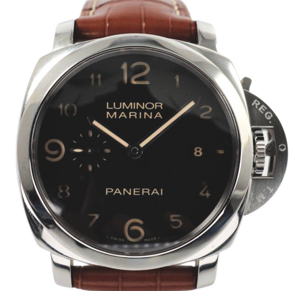 A fine preowned Panerai Luminor Marina 1950 reference PAM 00359 with wooden box and books originally sold from Ginza Boutique Japan, crafted circa 2014. A bold piece fitting for a large wrist, features a sandwich black dial with large lume Arabic numeral hours and sword-shaped hands, subsidiary dial and date aperture, surrounded by a 45 mm steel case with elevated 18 mm silhouette and exhibition case back. Self-winding for 3 days. Suitable for casual wear.