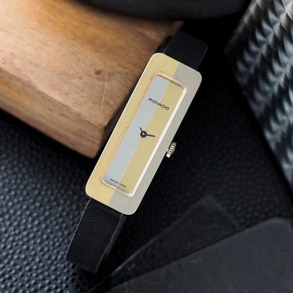 Movado 1970s Mirror Dial Two-Tone Rectangle White & Yellow Gold Box Papers Tag