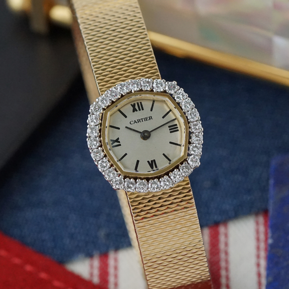 Cartier Diamond Ladies Watch 18k Gold Bracelet Movado Movement Vintage