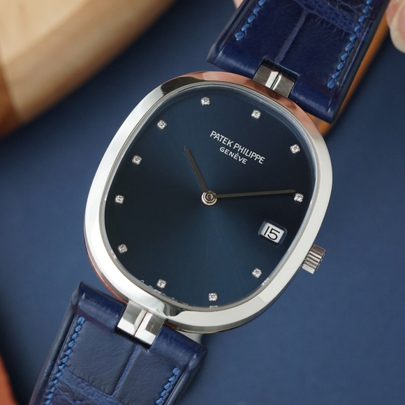Rare Patek Philippe Ellipse 3930A Stainless Steel Blue Diamond Dial Watch