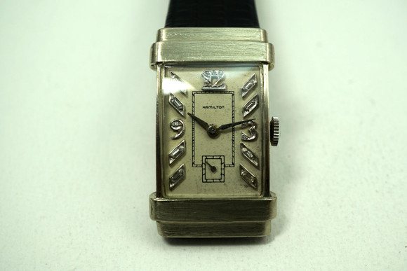 Hamilton Top Hat vintage solid 14k white gold diamond dial pre owned for sale houston fabsuisse