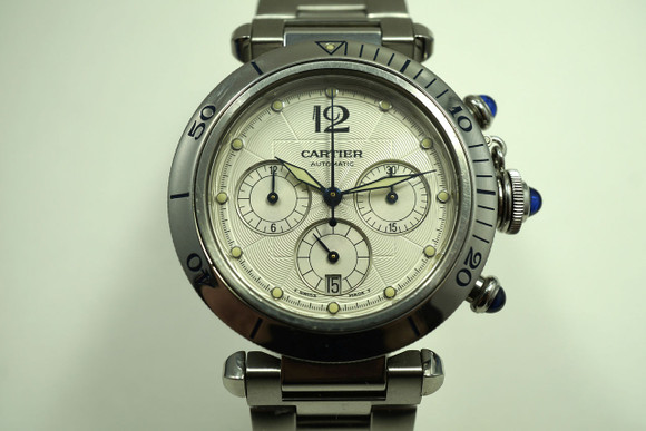 Cartier 2113 Pasha Chronograph w/ bracelet auto date dates 2000's stainless steel pre owned for sale houston fabsuisse