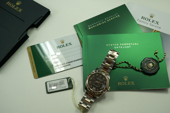 ROLEX 178341 CHOCOLATE ROMAN ROSE/STEEL w/DIAMOND BEZEL,TAGS,CARD, AND BOOKLETS