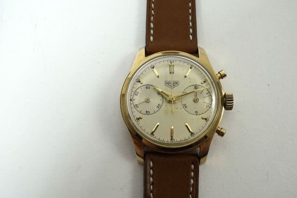 Heuer 3645 Chronograph pre-Carerra 14k yelllow gold dates 1960's pre owned vintage timepiece  for sale Houston fabsuisse