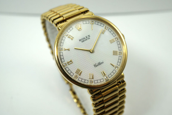 Rolex 5162 Cellini 18k yellow gold mother of pearl bracelet unisex rare c. 1988 pre owned for sale houston fabsuisse