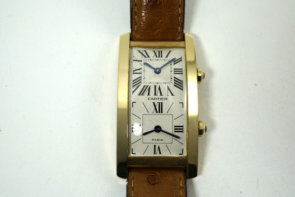 Cartier A106139 Tank Cintree Two Time Zone Watch 18k yellow gold dates 1990 pre owned for sale houston fabsuisse