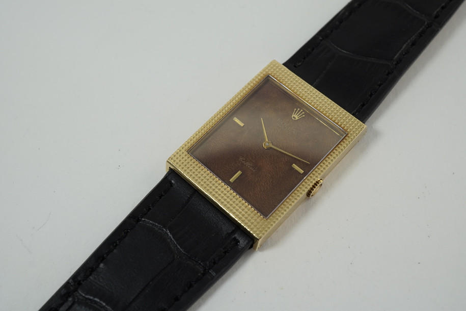 Rolex 4127 Cellini 18k yellow gold w/ exotic wood dial dates 1985 original vintage for sale houston fabsuisse