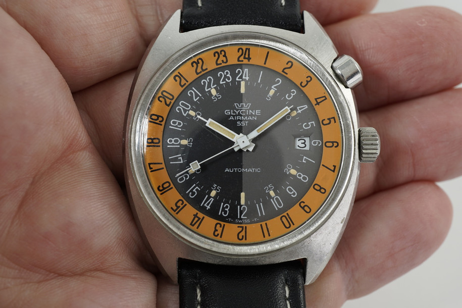 Glycine Airman SST 314.050, 323.1219 automatic dates 1960's stainless steel vintage pre owned for sale houston fabsuisse