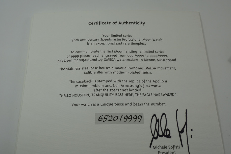 Omega Speedmaster Certificate of Authenticity limited series of 9999 booklet pre owned for sale houston fabsuisse