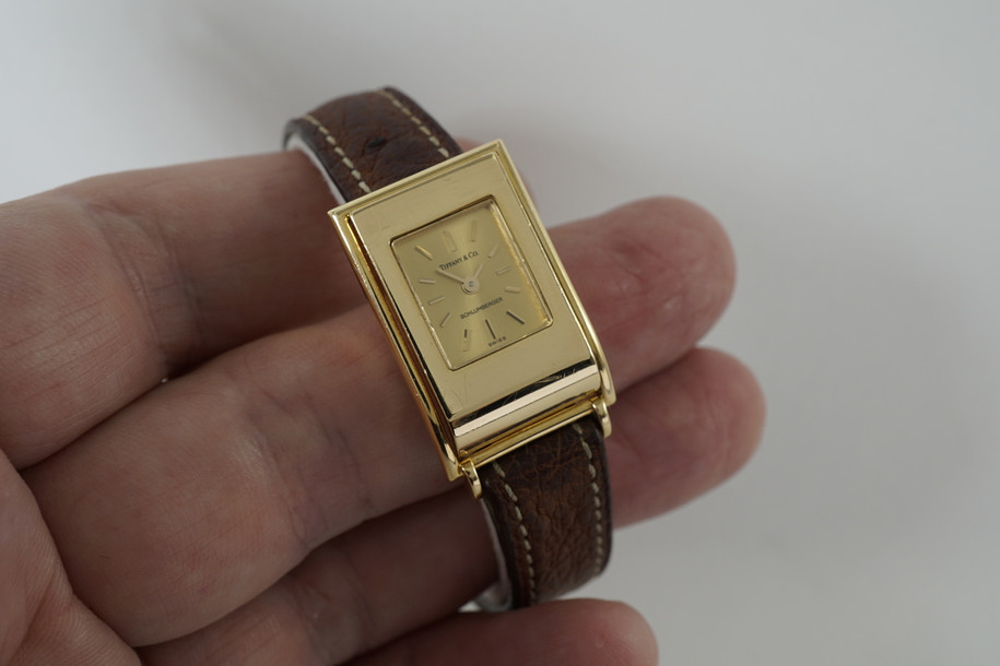 Tiffany & Co. Schlumberger Watch 18k yellow gold quartz dates 1990's ladies womens modern quartz pre owned for sale houston fabsuisse