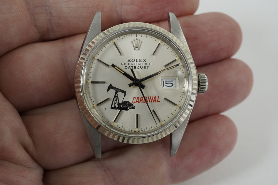 Rolex 16014 Datejust w/ cardinal drilling logo dial stainless steel dates 1978 vintage automatic pre owned for sale houston fabsuisse