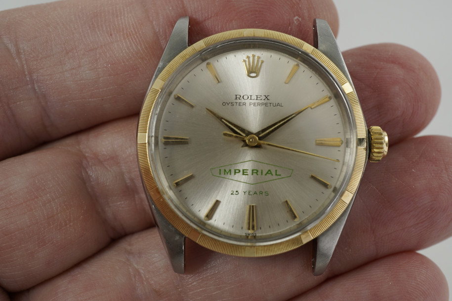 Rolex 1003 Award Watch Imperial 25 year logo dial mint steel & 14k yellow gold dates 1964 automatic vintage all original for sale houston fabsuisse 