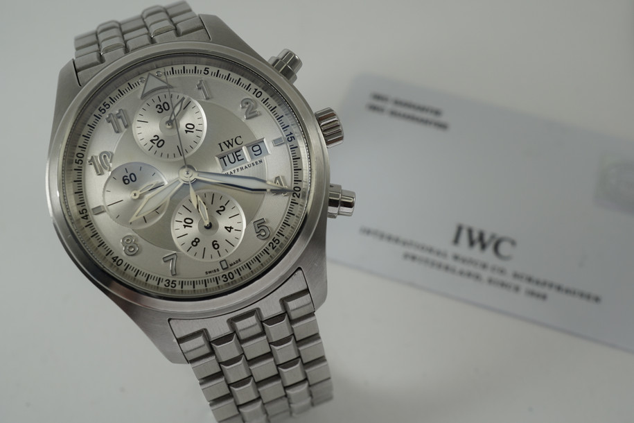 IWC 3717 Spitfire Pilot Chronograph w/ booklets & card c. 2010 modern automatic original stainless steel pre owned for sale houston fabsuisse