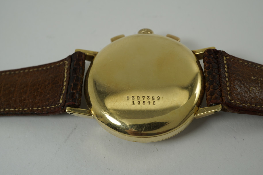 Universal Geneve Uni-Compax Chronograph 18k yellow gold dates 1950's vintage pre owned for sale houston fabsuisse