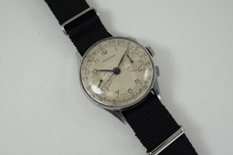 Nicolet Watch Chronograph stainless steel original dates 1940's vintage pre owned for sale houston fabsuisse