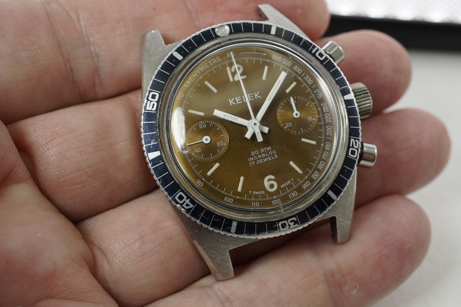 Kelek Divers Chronograph 20 ATM dates 1960-70's vintage stainless steel tropical dial pre owned for sale houston fabsuisse