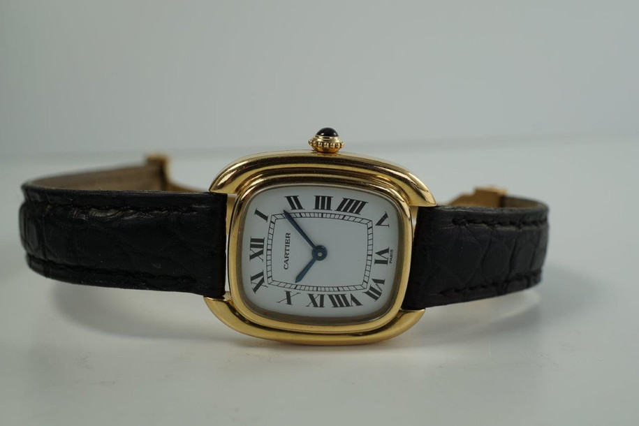Cartier Gondolo ladies 18k w/ deployment strap dates 1970-80's vintage yellow gold pre owned for sale houston fabsuisse