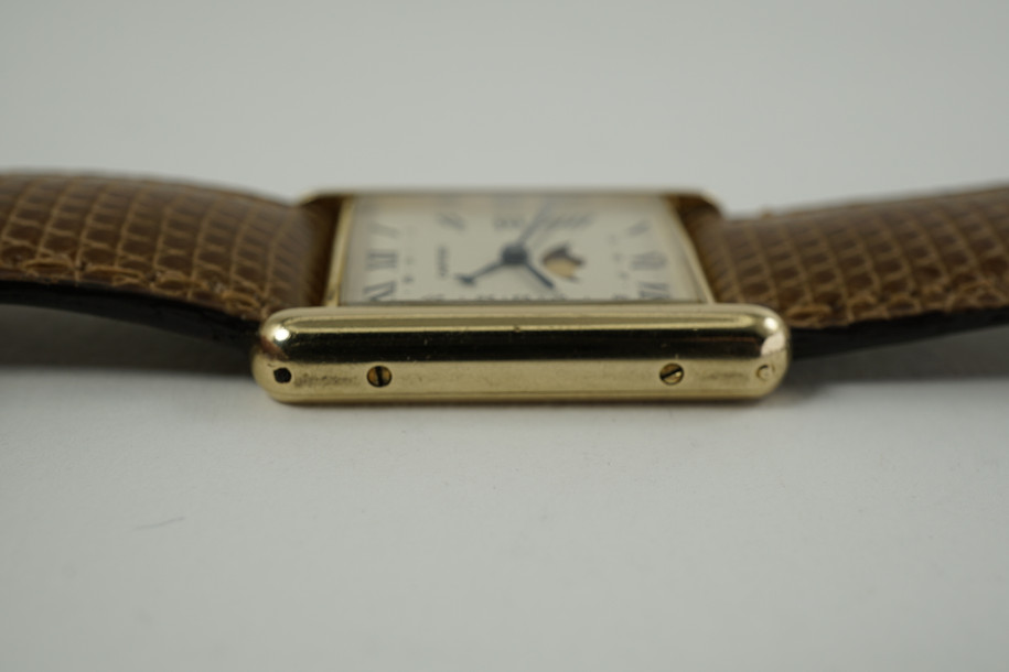 Cartier Tank moonphase calendar w/ deployment  and box dates 1990's modern pre owned for sale houston fabsuisse