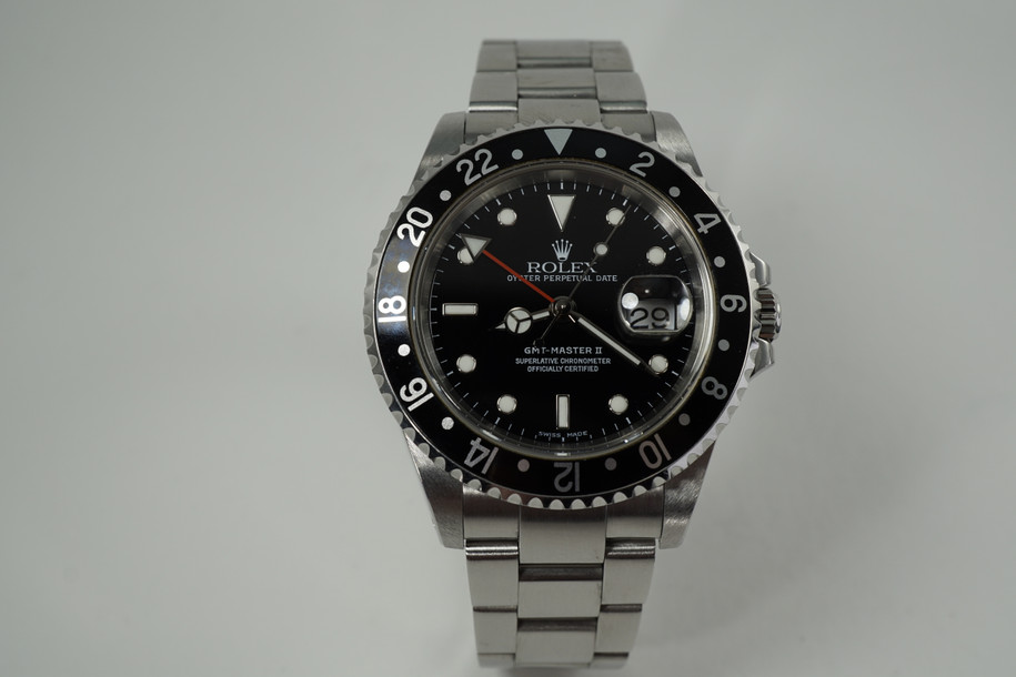 Rolex 16710 GMT Master II stainless steel w/ box & service book c. 2002 modern pre owned for sale houston