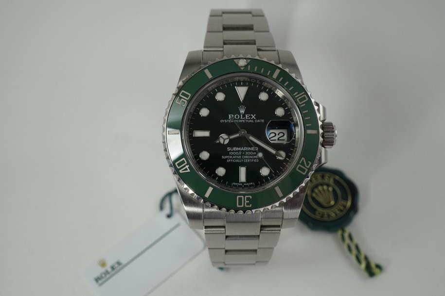 Rolex 116610LV Submariner "hulk" stainless steel box, card and tags dates 2016 modern pre owned for sale houston Rolex 116610LV Submariner "hulk" stainless steel box, card and tags dates 2016 modern pre owned for sale houston 