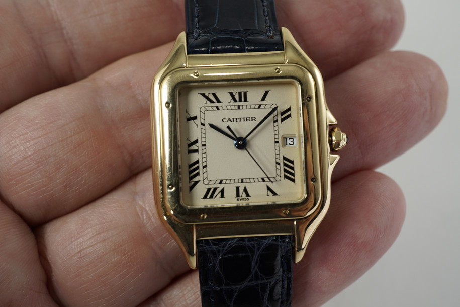 Cartier Panther 18k with deployment strap & box dates 1990's modern pre owned for sale houston fabsuisse