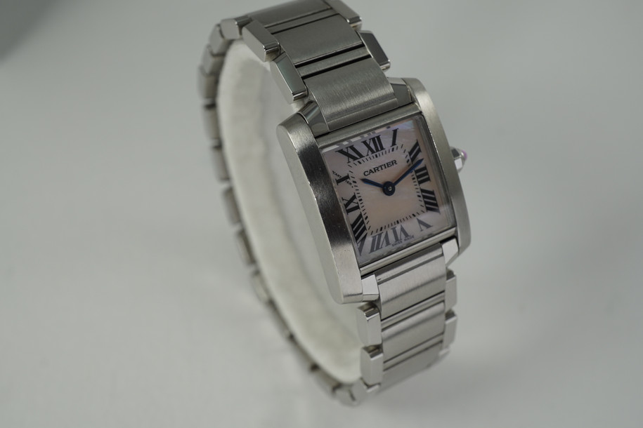 Cartier 2384 Tank Francaise steel w/ pink mother of pearl dial c. 2000's modern ladies pre owned for sale houston fabsuisse