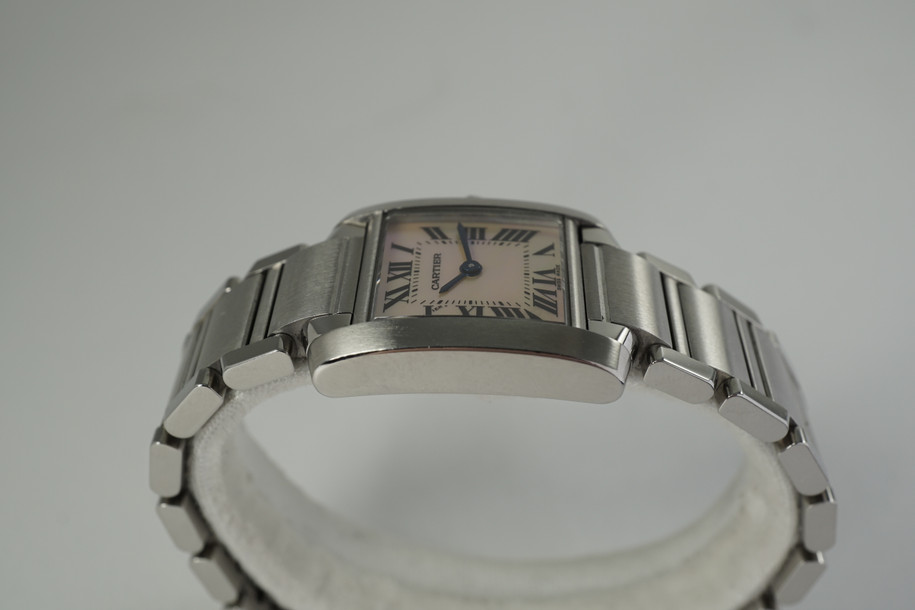 Cartier 2384 Tank Francaise steel w/ pink mother of pearl dial c. 2000's modern ladies pre owned for sale houston fabsuisse