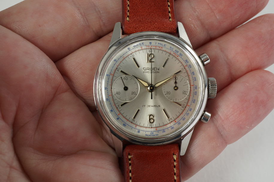 Gruen 770R Precision Chronograph valjoux 7730 stainless steel c. 1960's vintage pre owned for sale houston fabsuisse