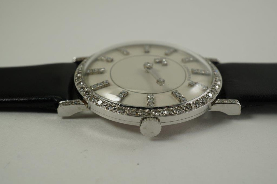 Longines Mystery Dial 18k white gold w/ factory diamond dial & case c. 1950's vintage pre owned for sale houston fabsuisse