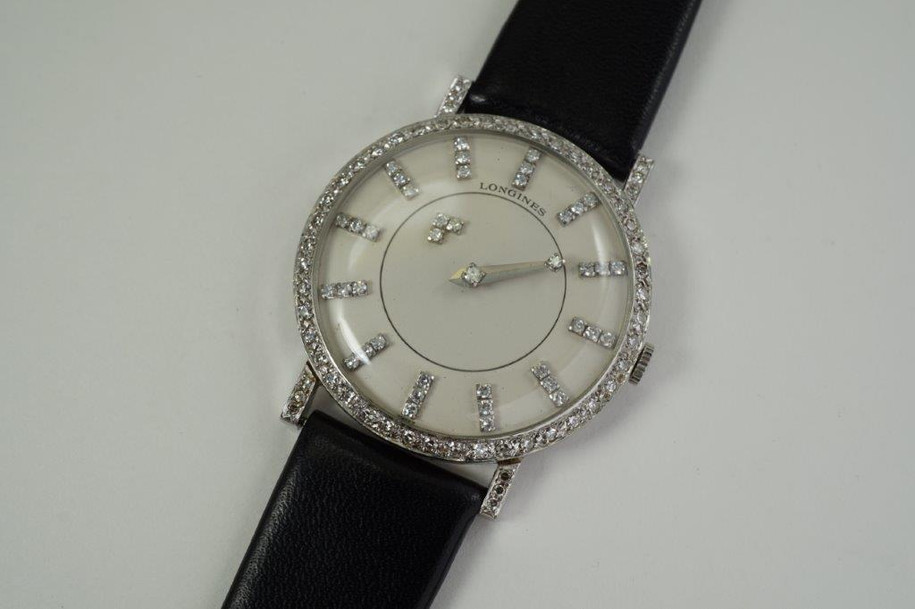 Longines Mystery Dial 18k white gold w/ factory diamond dial & case c. 1950's vintage pre owned for sale houston fabsuisse