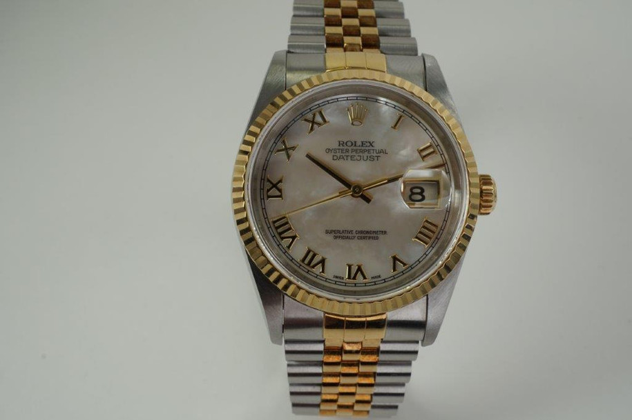 Rolex 16233 Datejust mother of pearl dial steel & 18k card service c. 1995 automatic modern pre owned for sale houston fabsuisse 