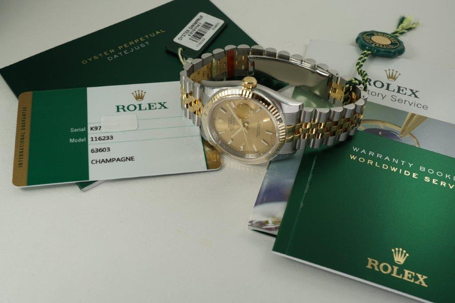 Rolex 116233 Datejust unworn w/ stickers, card and box dates 2015 yellow gold & stainless steel automatic pre owned for sale houston fabsuisse