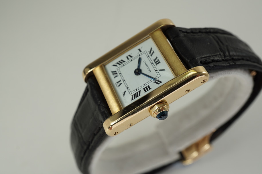 Cartier Tank Normale ladies 18k yellow gold w/ deployment dates 1990's modern pre owned for sale houston fabsuisse