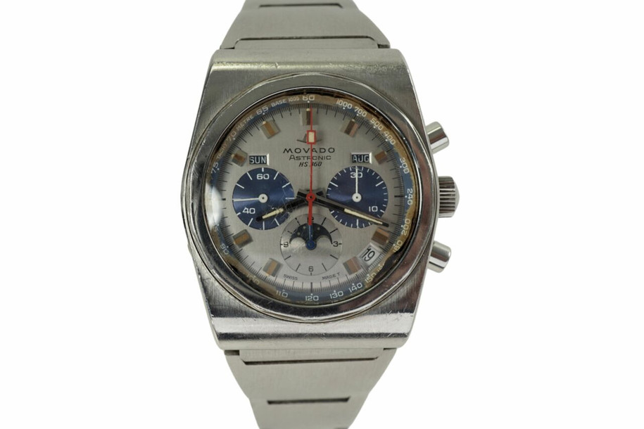 BRAND:                           Movado 
MODEL:                           Astronic
CASE MATERIAL:            Stainless steel 
CASE MEASURES:          39 x 45 mm
MOVEMENT:                   Automatic  
FUNCTIONS:                   Date & day indicator, moon phase, chronograph
CONDITION:                    Very nice
See it in our eBay store.

A Movado Astronic reference HS360 in stainless steel from 1971.
There is gasket bezel residue in some areas around the tachymeter. 
Original Gay Feres bracelet date coded 3/71, fits 7 1/4 inches approximate. It may be missing an extension. 
The glass crystal is scratched from age and use.