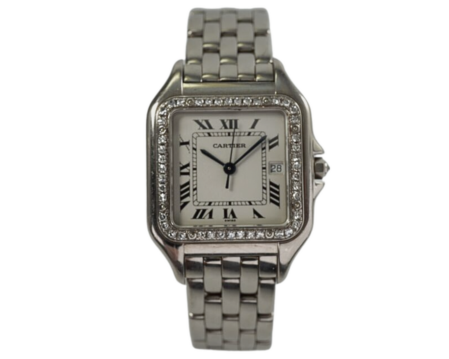 BRAND:                          Cartier
MODEL:                          Panthere
CASE MATERIAL:           18k white gold
CASE MEASURES:          28 x 38 mm
MOVEMENT:                   Quartz
FUNCTIONS:                   Date
CONDITION:                    Very nice
See it in our eBay store.

A fine pre-owned Cartier Panthère in 18k white gold with factory diamond bezel, crafted during the 1990s. Originally designed for men, this model would suit a variety of wrist sizes with its thin profile and classic unisex look. Modeled on 6 inch wrist.

Light scratches.
Original white Roman dial, blued steel hands and diamond crown.
Case measures 28 x 38mm.
Cartier Swiss quartz movement. 
Sapphire crystal.
Serial# 0X014x-383xxx
Cartier bracelet fits 6 7/8 inches approximate.
15mm lug width.