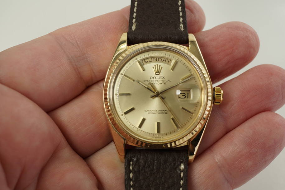 Rolex 1803 President 18k yellow gold day date head dates 1973 vintage automatic pre owned for sale houston fabsuisse