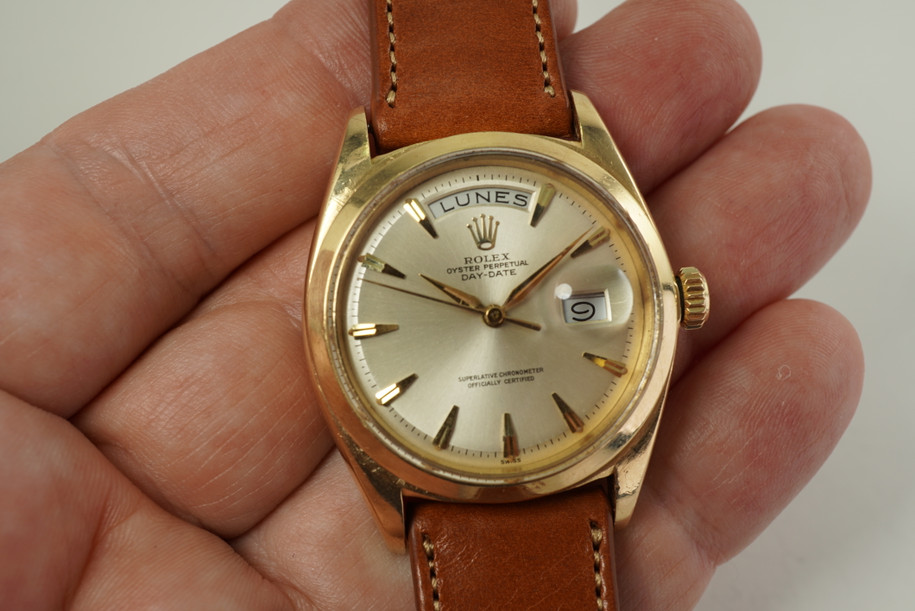 Rolex 1802 Day Date head rare 18k yellow gold dates 1961-62 automatic vintage pre owned for sale houston fabsuisse