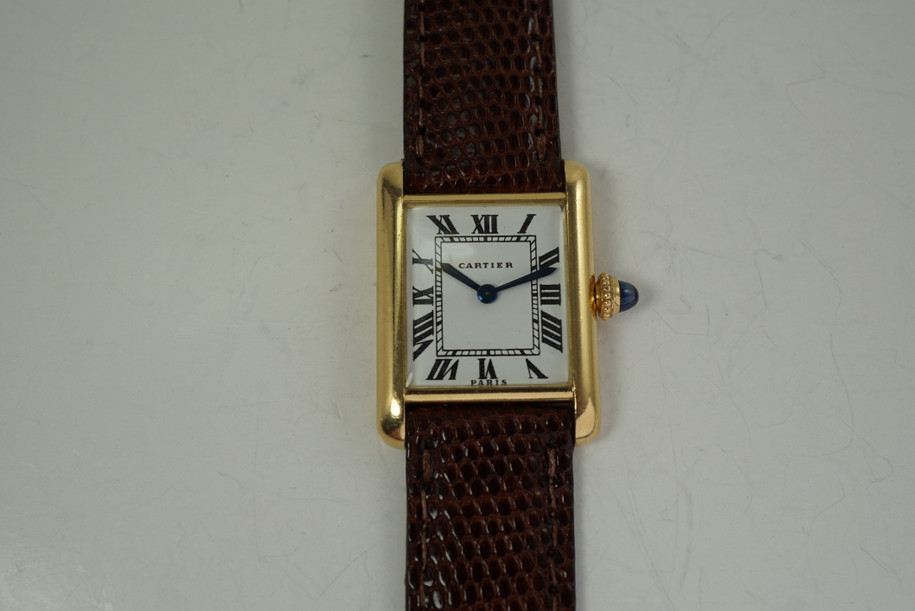Cartier Ladies Tank French Hallmarks classic 18k yellow gold look dates 1960-70's vintage pre owned for sale houston Fabsuisse