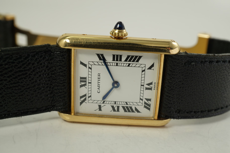 Cartier Classic Tank Paris w/ Cartier deployment 18k yellow gold c. 1980's vintage pre owned for sale houston fabsuisse