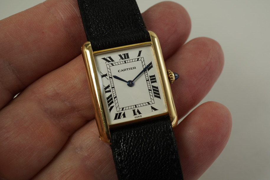 Cartier Classic Tank Paris w/ Cartier deployment 18k yellow gold c. 1980's vintage pre owned for sale houston fabsuisse