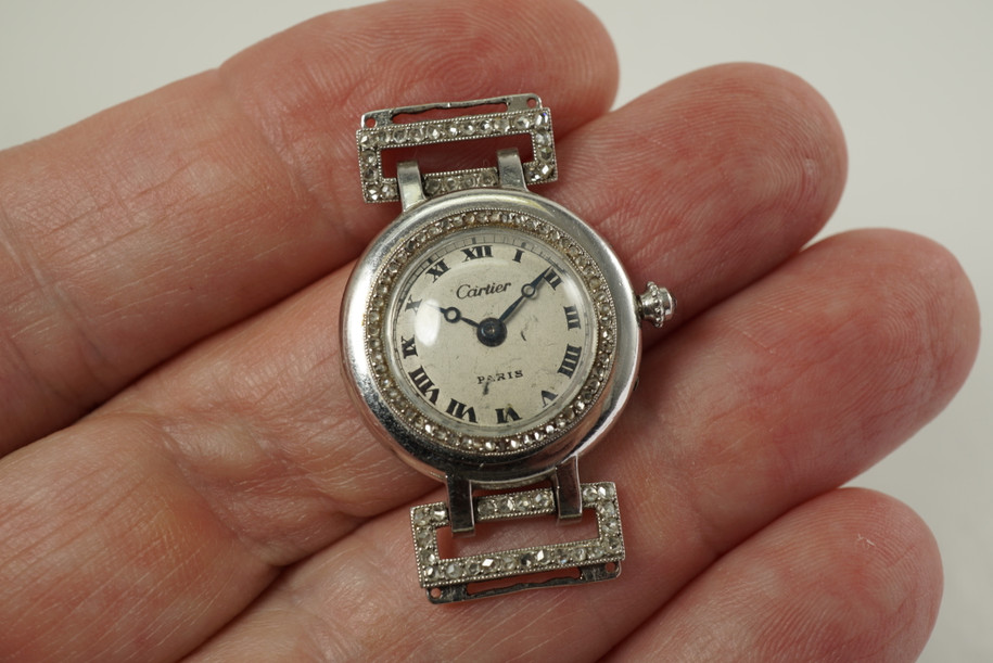 Cartier Ladies Wristwatch platinum w/ diamonds dates 1910-20's rare evening watch vintage pre owned for sale houston fabsuisse