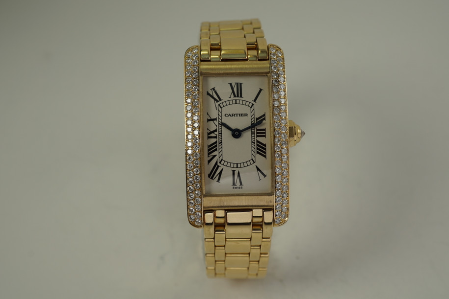 Cartier 1710 Tank Americaine 18k yellow gold ladies w/ factory diamonds c. 2000's modern pre owned for sale houston fabsuisse